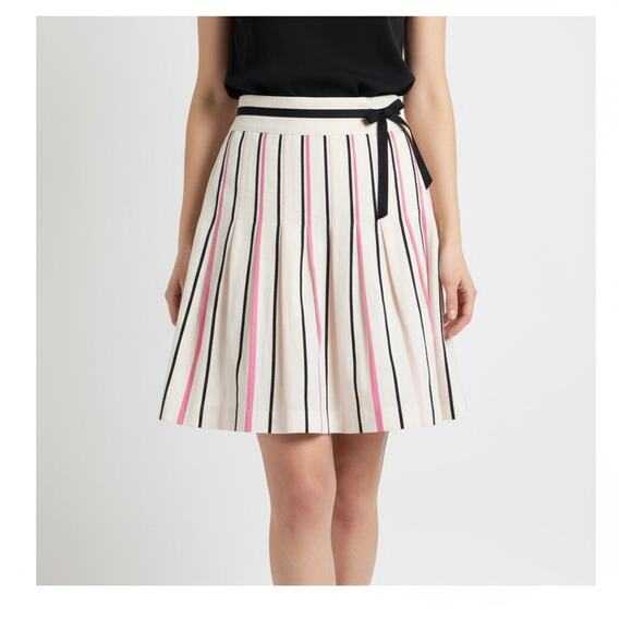 Ann Taylor LOFT Pleated 100%  LINEN Womens Size 8 Skirt Preppy Pink Black White - Picture 1 of 13